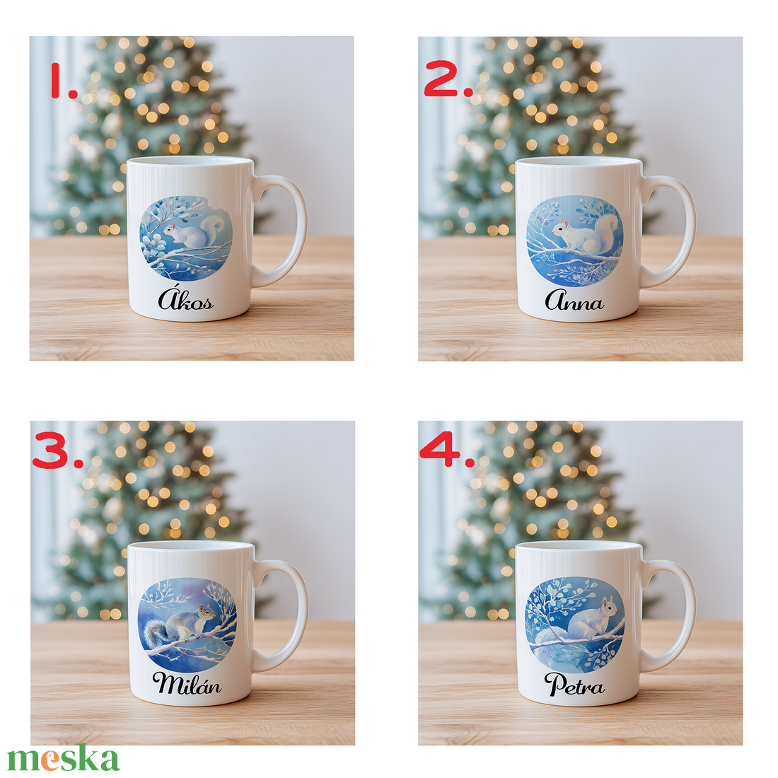 Névre szóló Mókus a havas faágon bögre  4 minta közül választható - otthon & életmód - konyhafelszerelés, tálalás - tálalás - bögre & csésze - Meska.hu