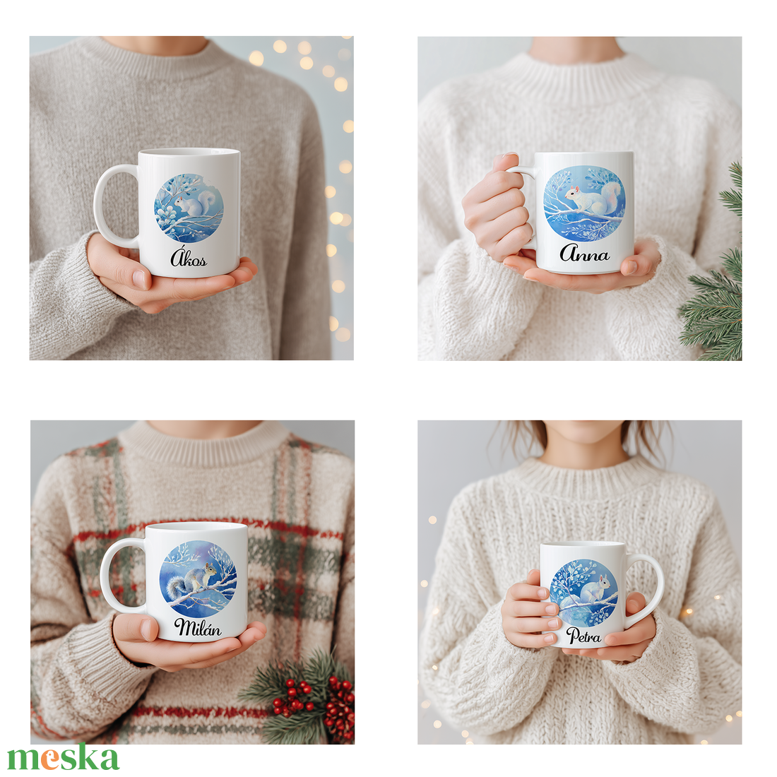 Névre szóló Mókus a havas faágon bögre  4 minta közül választható - otthon & életmód - konyhafelszerelés, tálalás - tálalás - bögre & csésze - Meska.hu