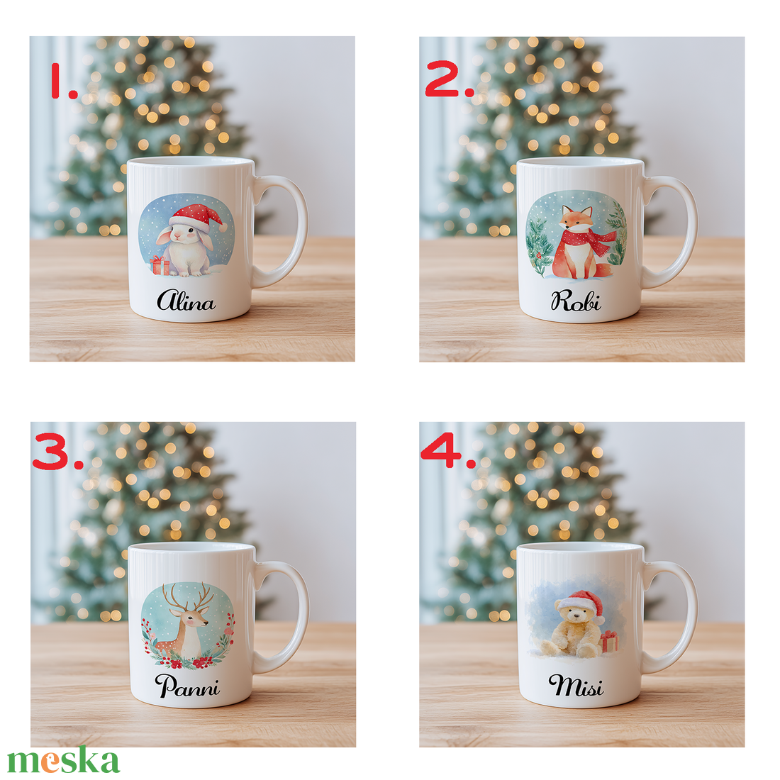 Névre szóló télikarácsonyi állatos bögre  4 minta közül választható - otthon & életmód - konyhafelszerelés, tálalás - tálalás - bögre & csésze - Meska.hu