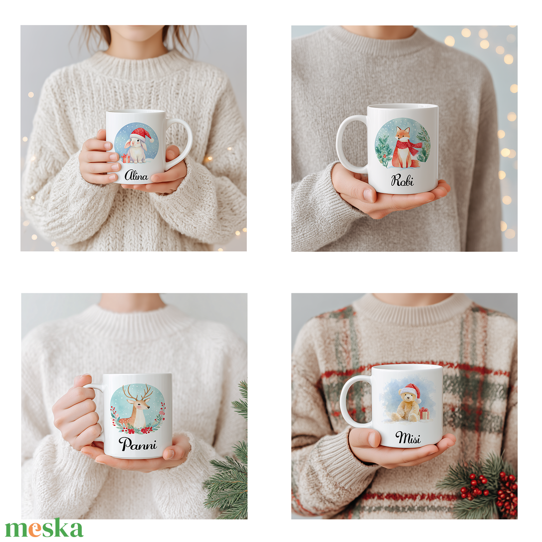Névre szóló télikarácsonyi állatos bögre  4 minta közül választható - otthon & életmód - konyhafelszerelés, tálalás - tálalás - bögre & csésze - Meska.hu