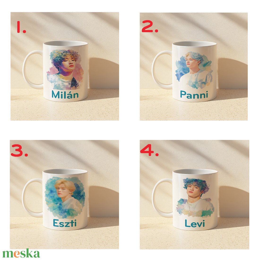 Névre szóló Pastel K-Pop Boy  Akvarell bögre  4 minta közül választható - otthon & életmód - konyhafelszerelés, tálalás - tálalás - bögre & csésze - Meska.hu