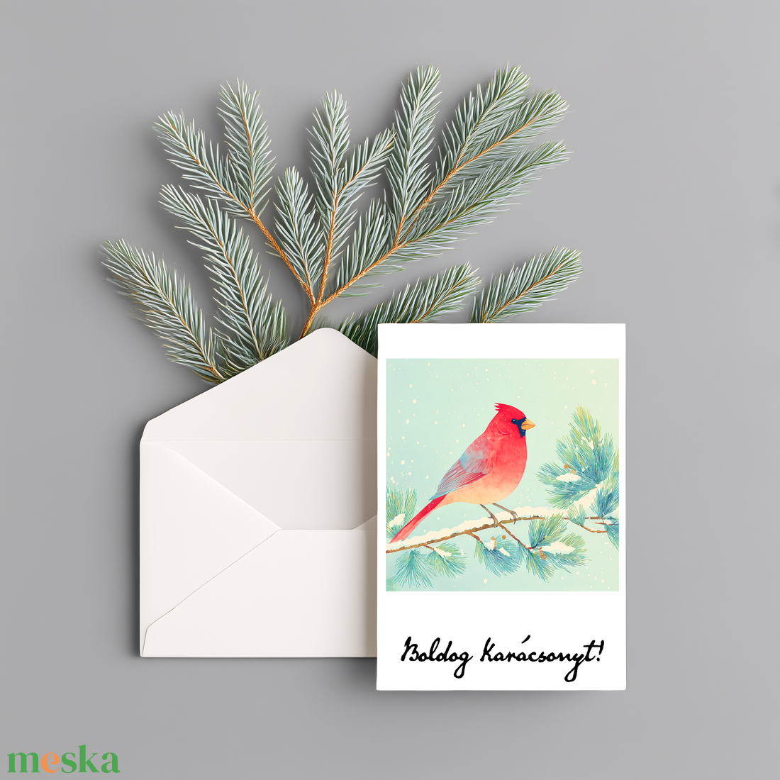 Karácsonyi kinyitható képeslap borítékkal  Piros madár a havas fenyőágon mintával - karácsony - karácsonyi ajándékozás - karácsonyi képeslap, üdvözlőlap, ajándékkísérő - Meska.hu