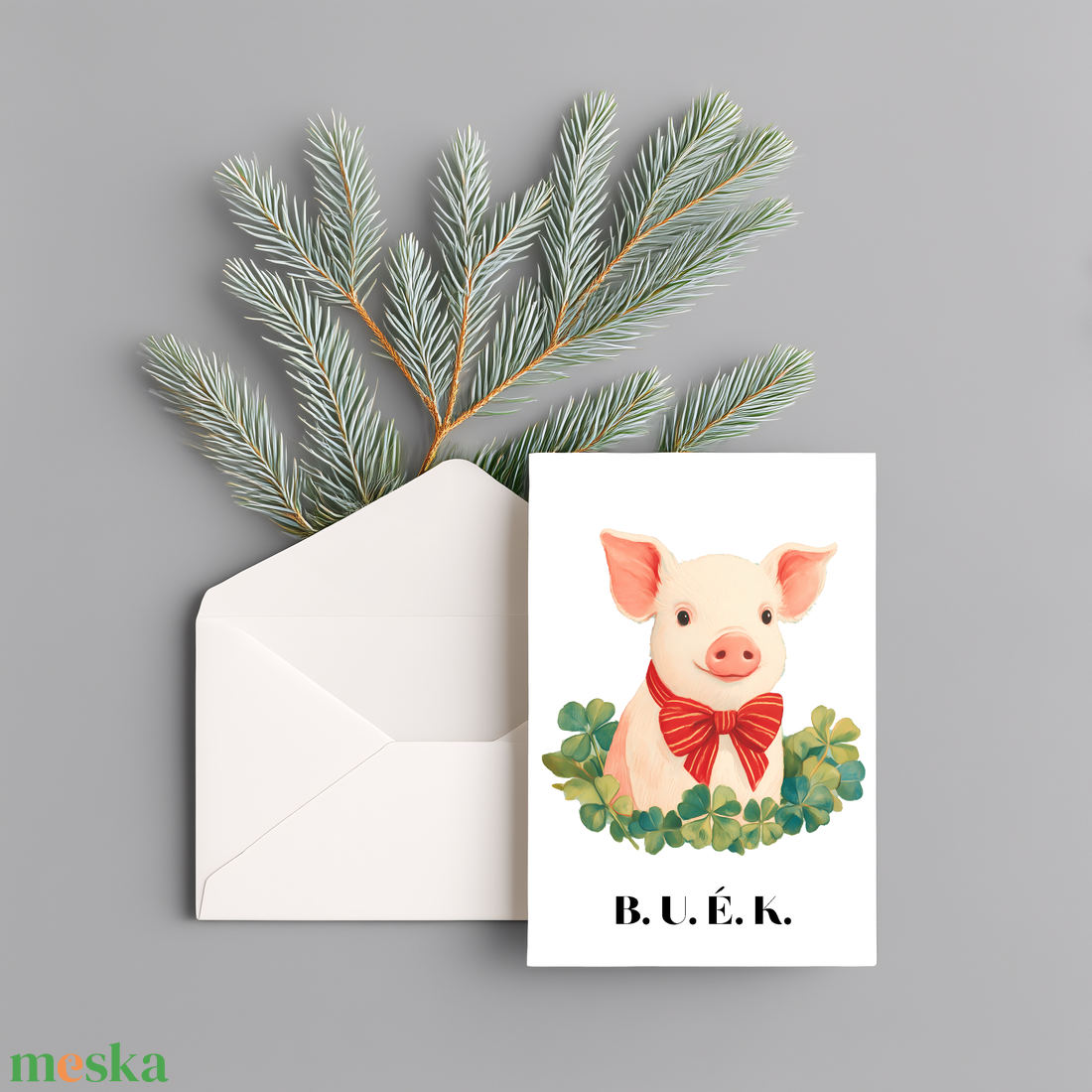 Újévi kinyitható képeslap borítékkal  Kismalac négylevelű lóherékkel mintával - karácsony - karácsonyi ajándékozás - karácsonyi képeslap, üdvözlőlap, ajándékkísérő - Meska.hu
