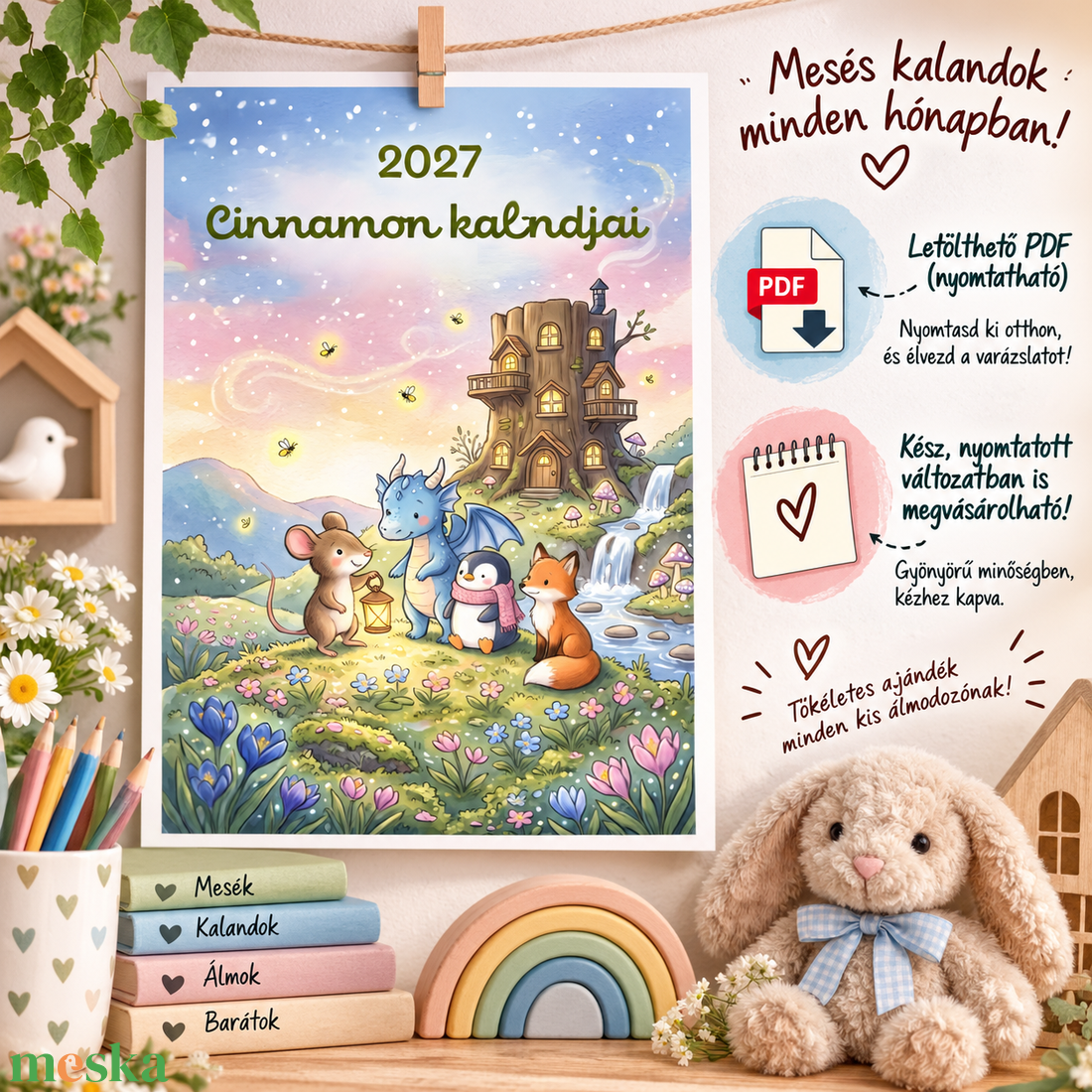 Cinnamon Kisegér Varázslatos Kalandjai 2027 � A4 Nyomtatott Falinaptár Mesékkel (+Opcionális Binder Csipesz) - otthon & életmód - dekoráció - fali és függő dekoráció - falinaptár & öröknaptár - Meska.hu