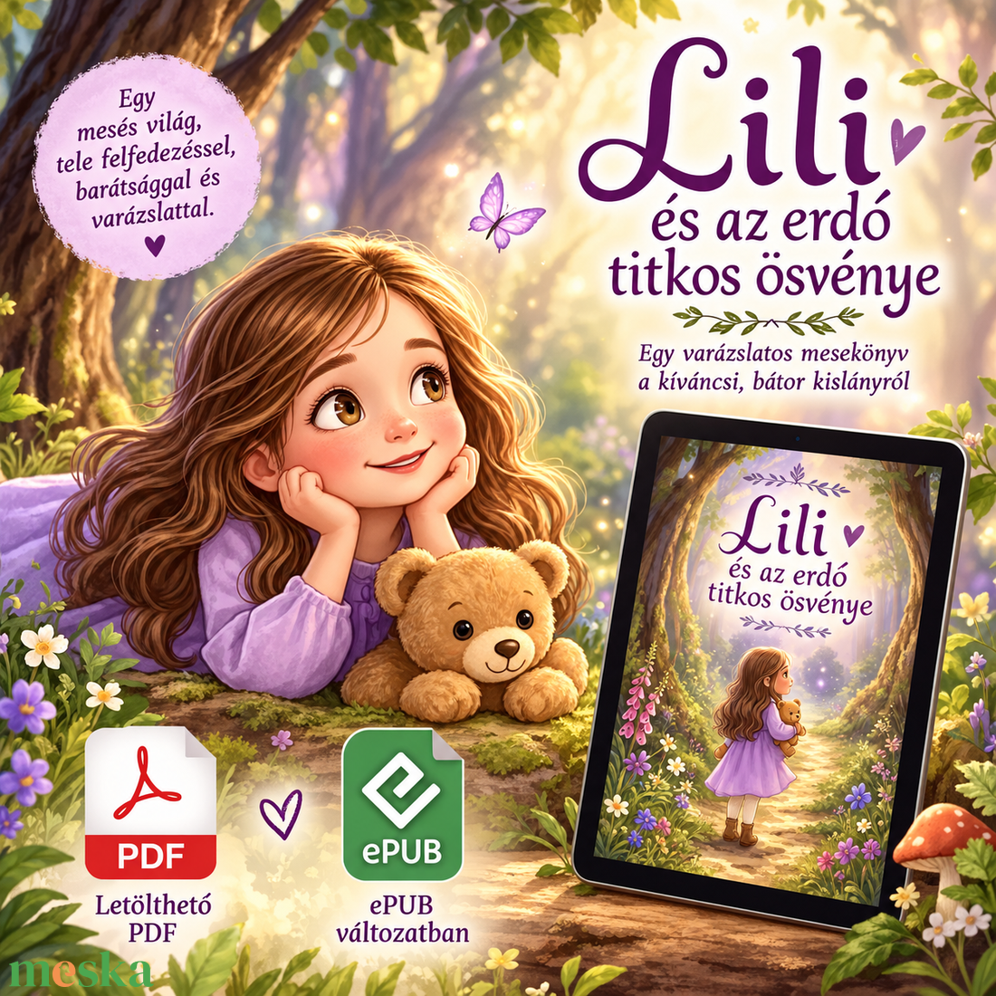 Lili és az erdő titkos ösvénye � Letölthető illusztrált mesekönyv (PDF, EPUB) + 5 db ajándék színező - könyv & zene - könyv - Meska.hu