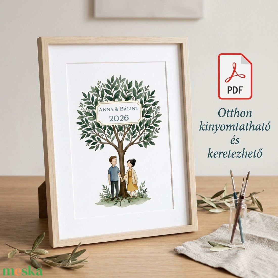 Személyre szabott szerelmes fa � Névre szóló esküvői és évfordulós falikép (Digitális PDF és Nyomtatott) - művészet - grafika & illusztráció - művészi nyomat - Meska.hu
