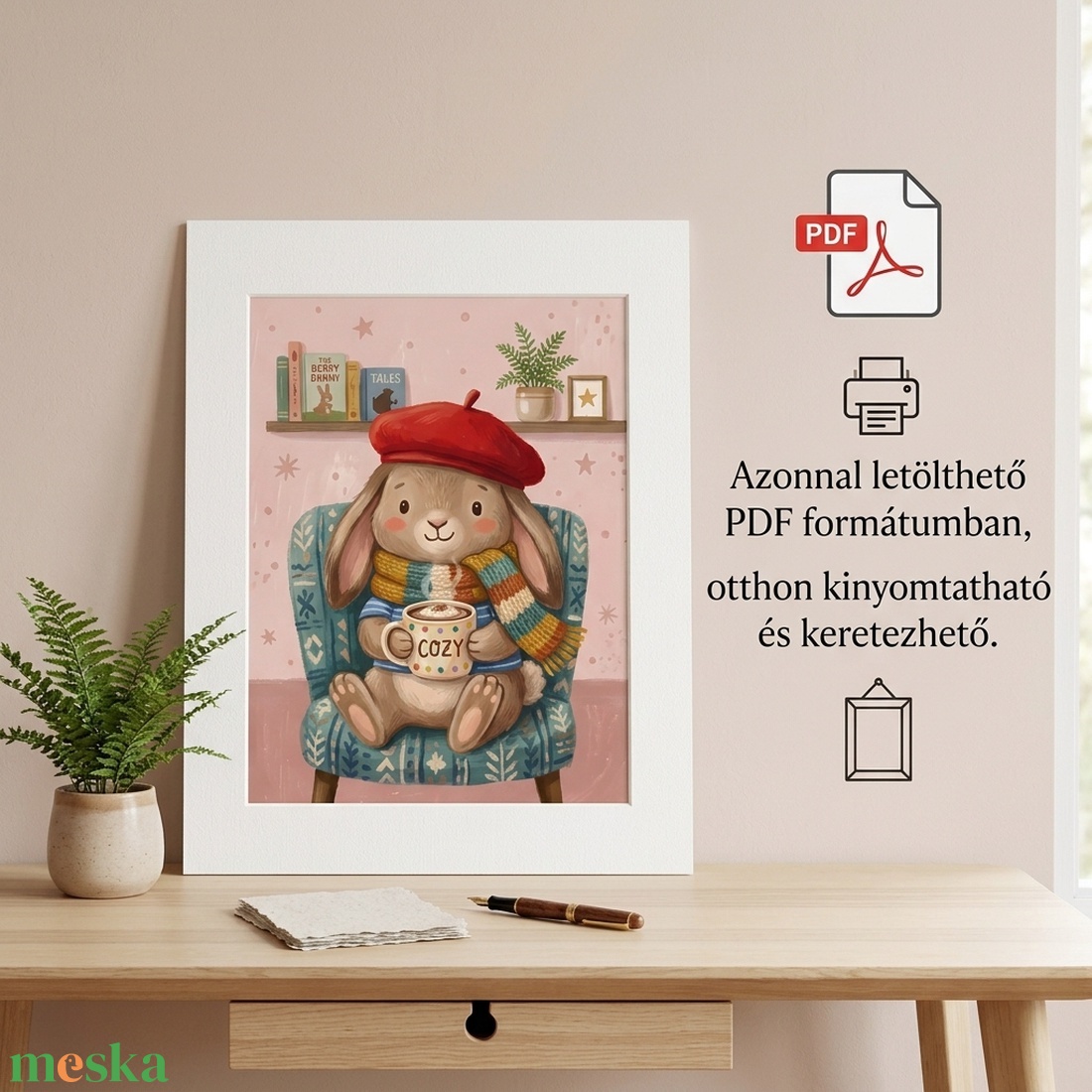 Sapkás, kuckózós nyuszi teásbögrével � Cuki gyerekszoba falikép (Digitális PDFés Nyomtatott) - művészet - grafika & illusztráció - művészi nyomat - Meska.hu