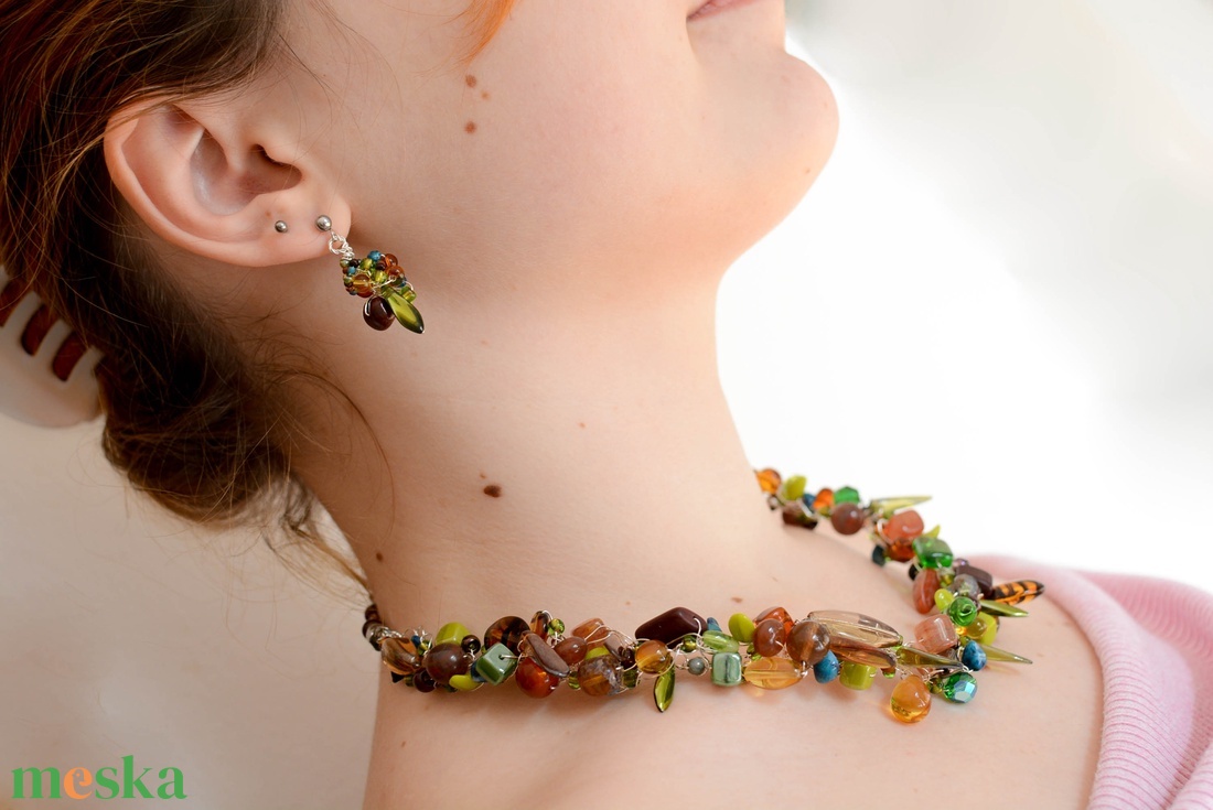 Lánc Káprázat - Kerek - Ősz barna, zöld - ékszer - nyaklánc - gyöngyös nyaklánc - Meska.hu