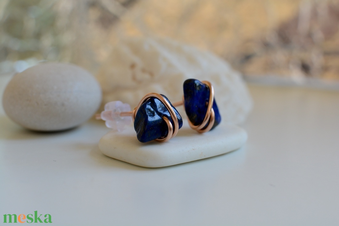 Valódi Bronz fülbevaló - lapis lazuli, beszúrós - ékszer - fülbevaló - fülékszer - Meska.hu