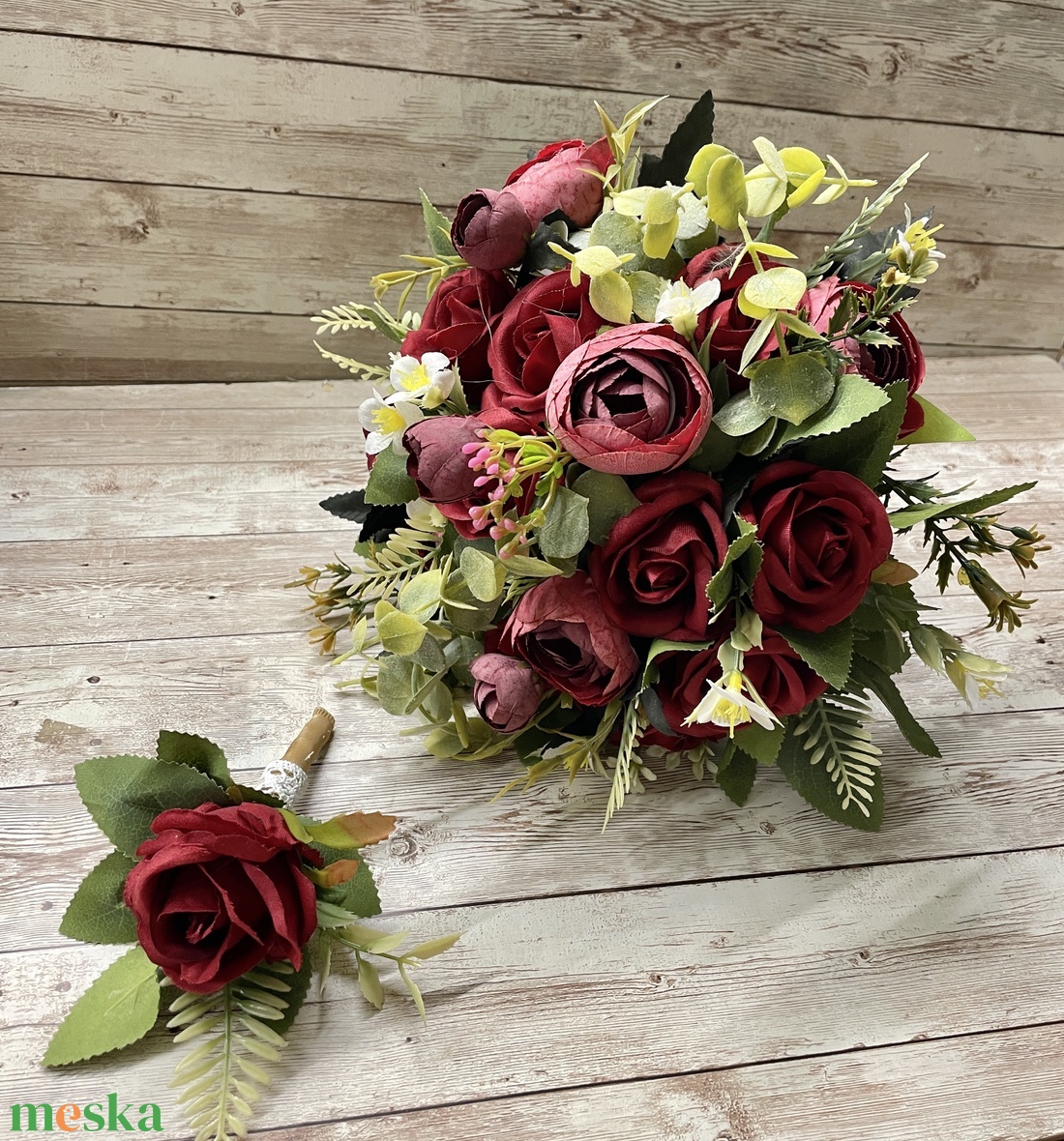 Örök menyasszonyi csokor vőlegény kitűzővel - bordó - esküvő - menyasszonyi- és dobócsokor - Meska.hu