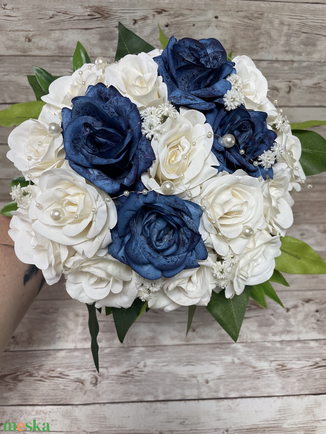 Örök menyasszonyi csokor vőlegény kitűzővel - kék-fehér - esküvő - menyasszonyi- és dobócsokor - Meska.hu