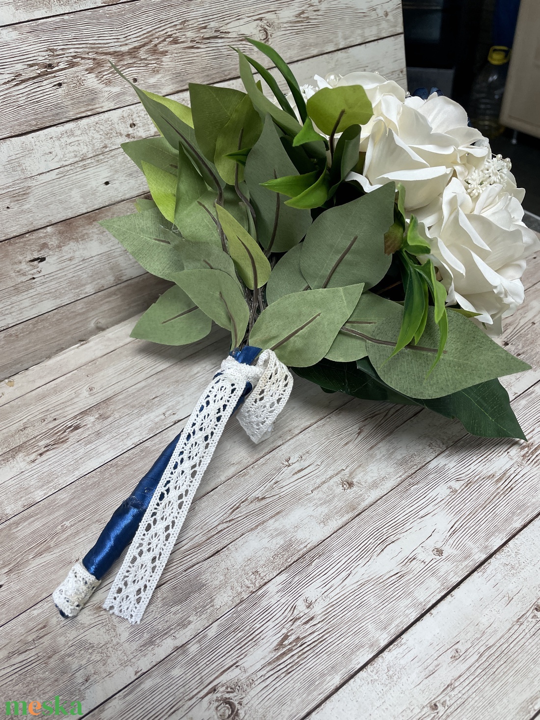 Örök menyasszonyi csokor vőlegény kitűzővel - kék-fehér - esküvő - menyasszonyi- és dobócsokor - Meska.hu