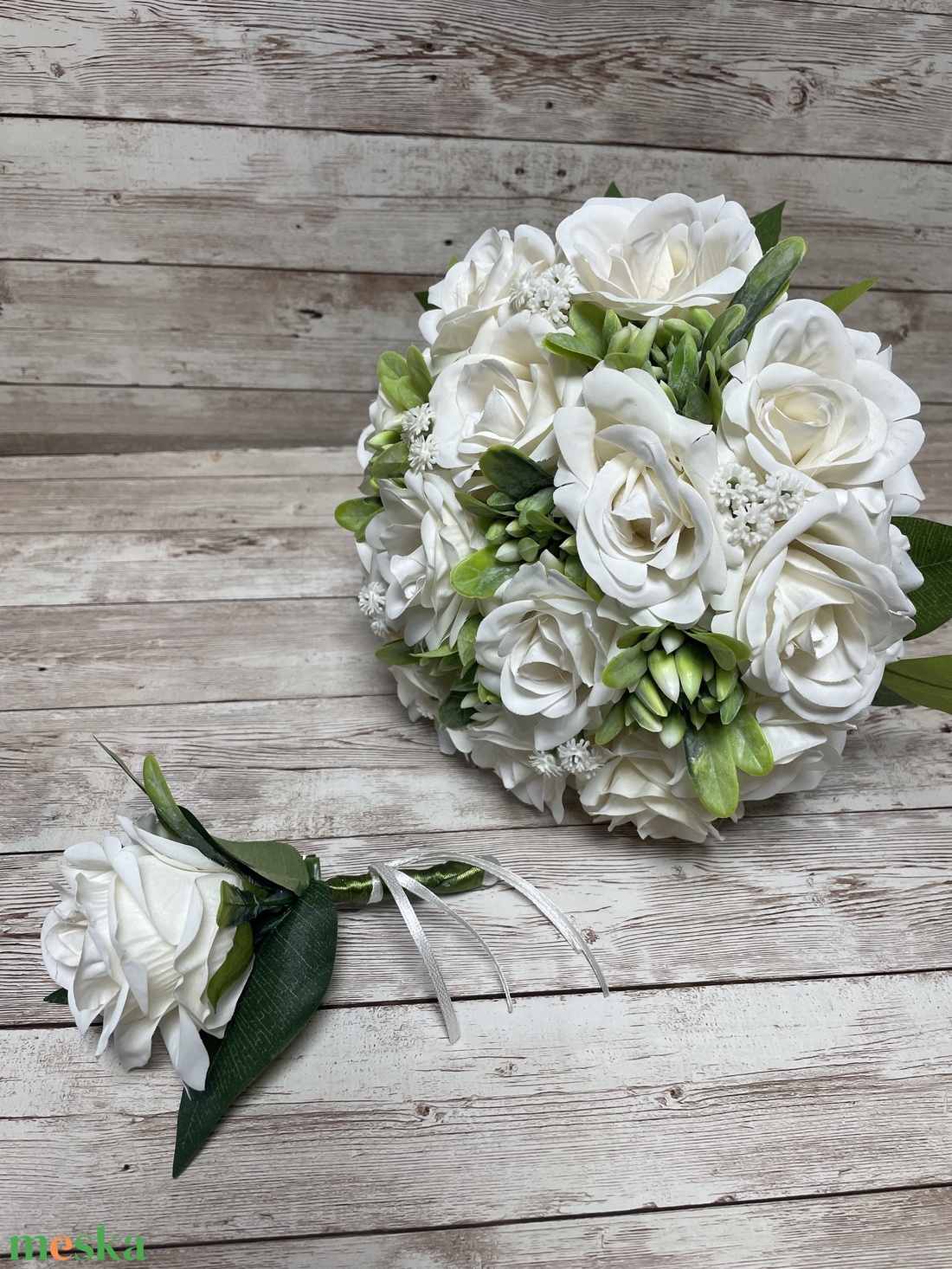 Örök menyasszonyi csokor vőlegény kitűzővel - fehér - esküvő - menyasszonyi- és dobócsokor - Meska.hu
