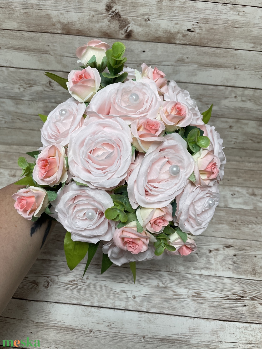 Örök menyasszonyi csokor vőlegény kitűzővel - vegyes rózsaszín - esküvő - menyasszonyi- és dobócsokor - Meska.hu