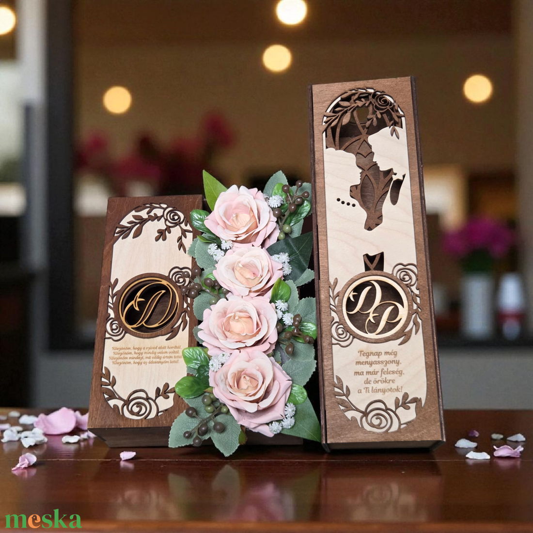 Prémium szülőköszöntő szett, 1 db virágbox, 1 db bortartó - esküvő - emlék & ajándék - szülőköszöntő ajándék - Meska.hu