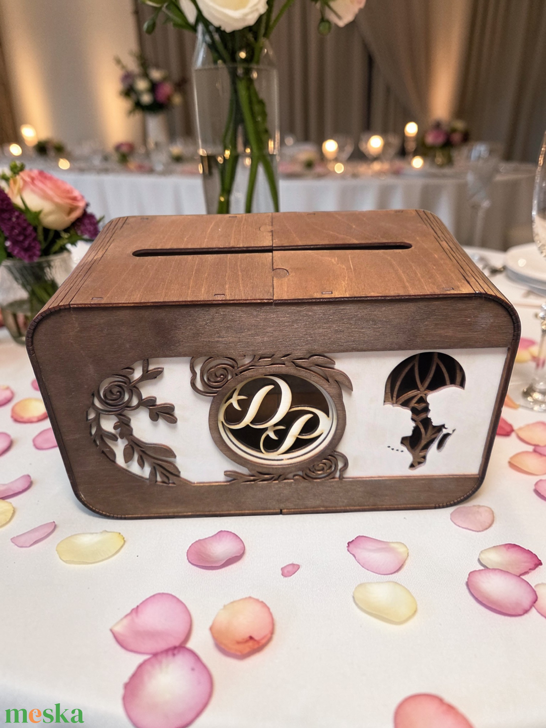 Prémium nászajándék gyűjtő doboz, esküvői pénzgyűjtő doboz, monogramokkal - esküvő - dekoráció - helyszíni dekor - Meska.hu