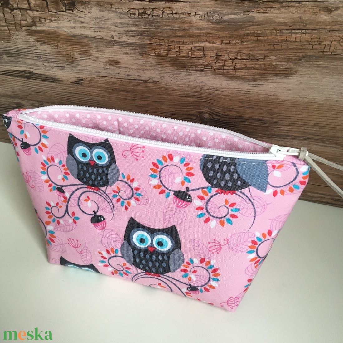 Bagoly mintás neszesszer rózsaszín pipere táska karácsony ajándék - táska & tok - neszesszer - Meska.hu