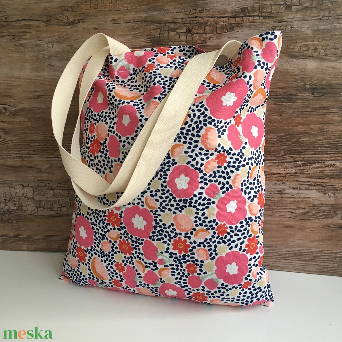 Rózsaszín virágos vászon szatyor bevásárló táska shopper zerowaste karácsony ajándék - táska & tok - bevásárlás & shopper táska - shopper, textiltáska, szatyor - Meska.hu