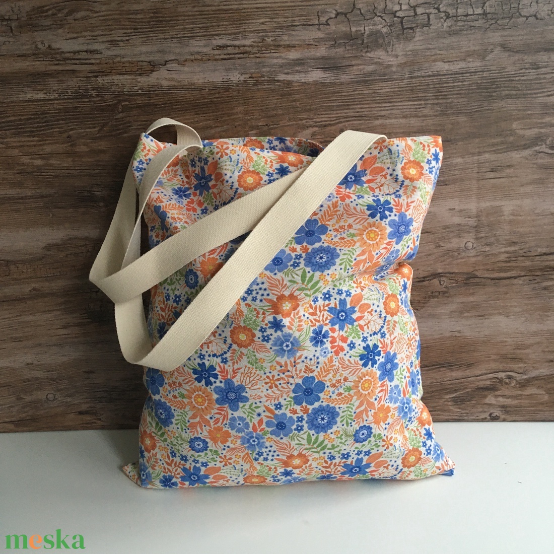 Narancs búzavirág kék virágos vászon szatyor bevásárló táska shopper zerowaste karácsony ajándék - táska & tok - bevásárlás & shopper táska - shopper, textiltáska, szatyor - Meska.hu