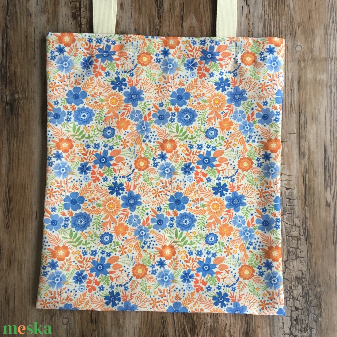 Narancs búzavirág kék virágos vászon szatyor bevásárló táska shopper zerowaste karácsony ajándék - táska & tok - bevásárlás & shopper táska - shopper, textiltáska, szatyor - Meska.hu