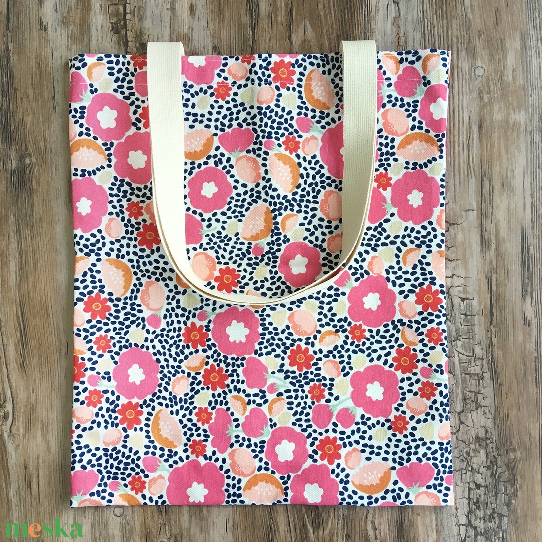 Rózsaszín virágos vászon szatyor bevásárló táska shopper zerowaste - táska & tok - bevásárlás & shopper táska - shopper, textiltáska, szatyor - Meska.hu