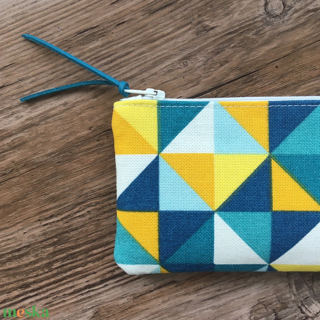 Türkiz-sárga háromszög mintás neszesszer tolltartó szemüvegtartó karácsony ajándék - táska & tok - neszesszer - Meska.hu