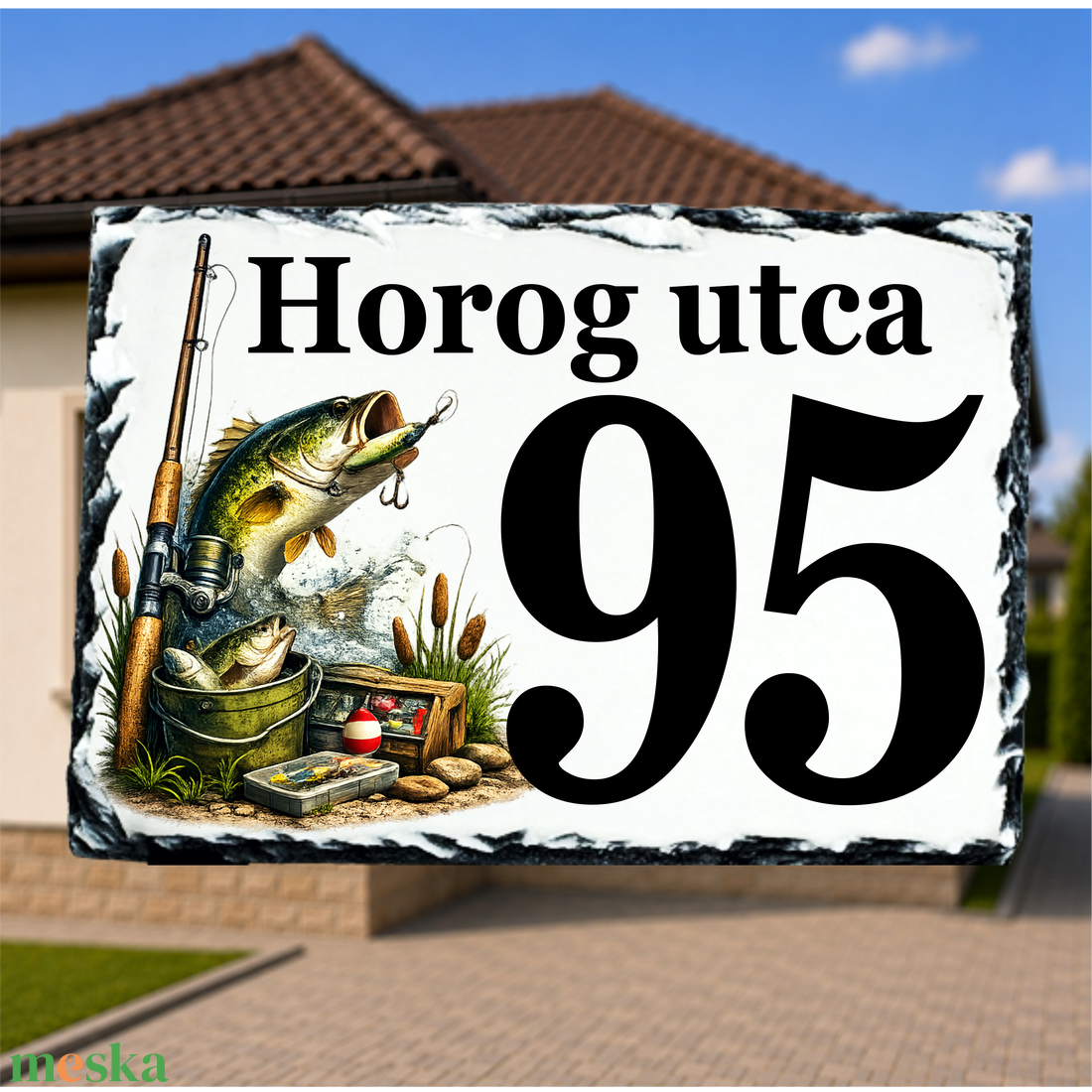 Házszámtábla egyedi tervezésű horgászat mintájú festett képpel - otthon & életmód - ház & kert - házszám - Meska.hu