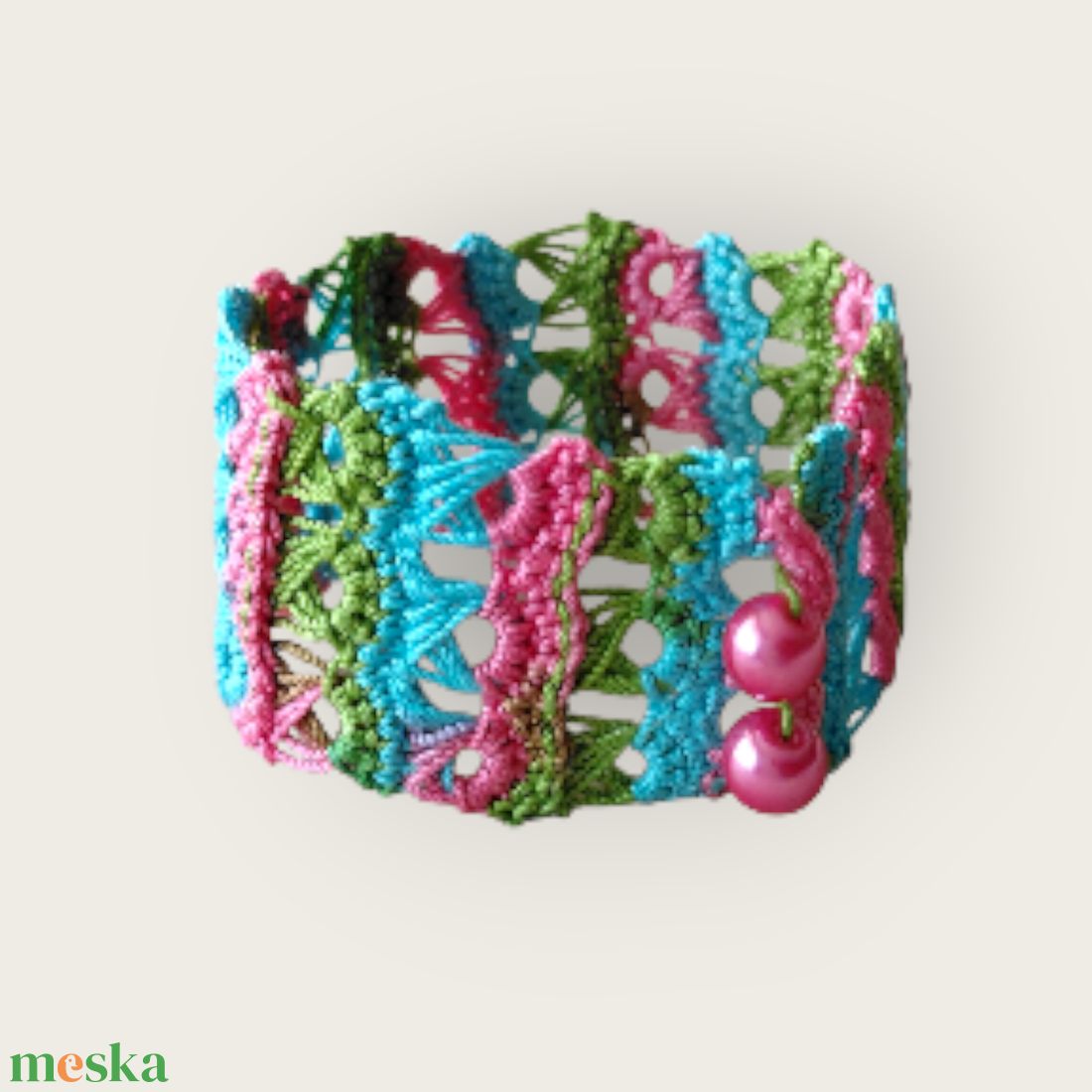 Csipke karkötő 3 soros pink-türkiz  - ékszer - karkötő - fonott karkötő - Meska.hu