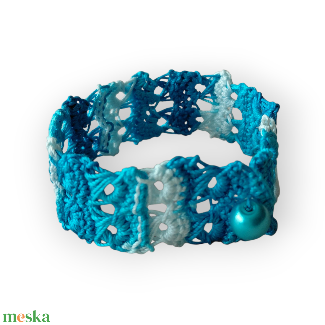 Csipke karkötő 2 soros türkiz-fehér  - ékszer - karkötő - fonott karkötő - Meska.hu