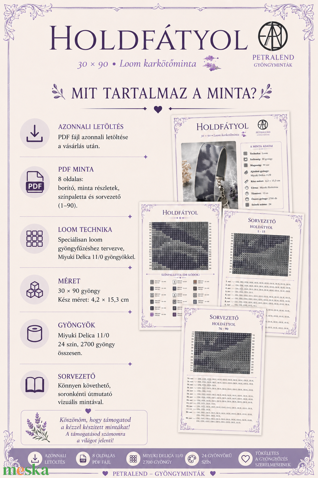 Holdfátyol � Loom karkötőminta PDF , Miyuki Delica 11/0 gyöngyökhöz, Azonnali letöltés - diy (csináld magad) - fűzésminták - Meska.hu