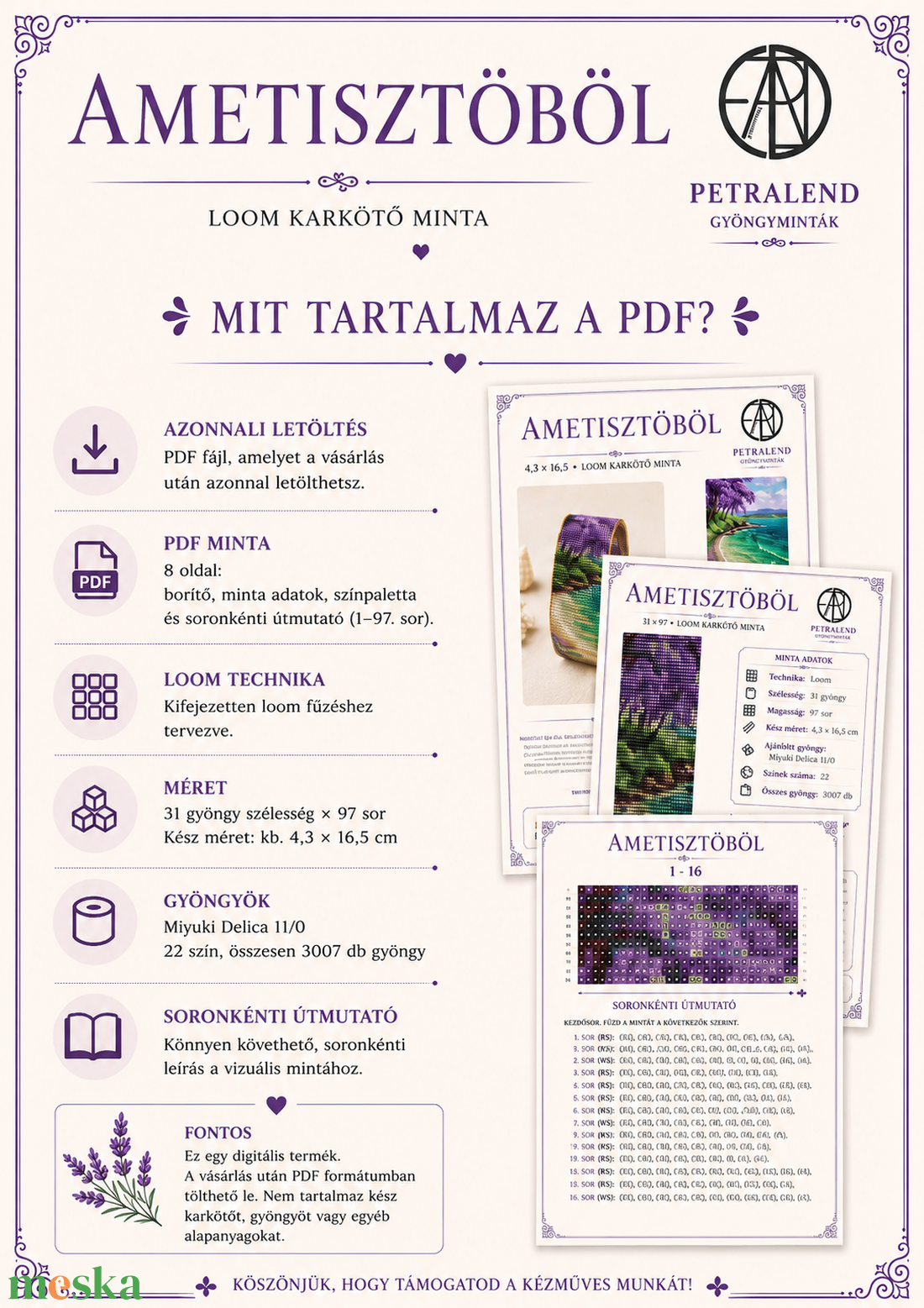 Ametisztöböl � Loom karkötő minta PDF, Miyuki Delica 11/0 gyöngyfűzési minta, Azonnali letöltés - diy (csináld magad) - fűzésminták - Meska.hu