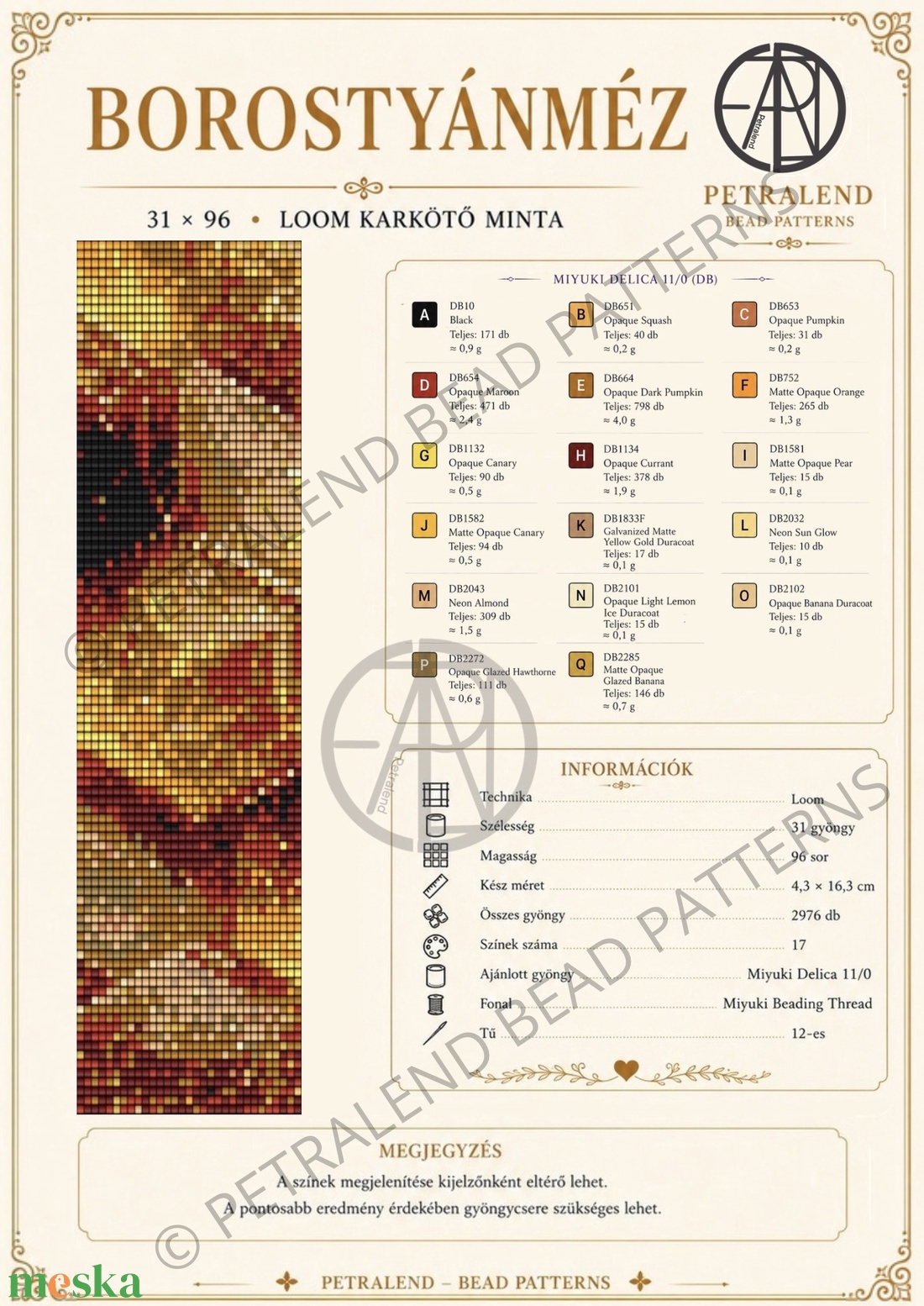 Borostyánméz � Loom karkötő minta PDF, Miyuki Delica 11/0 gyöngyszövő minta, Azonnal letölthető - diy (csináld magad) - fűzésminták - Meska.hu