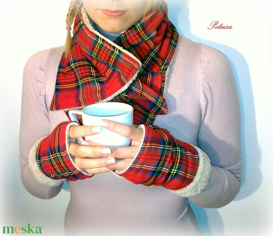Sál kesztyű szett Piros kockás Körsál Nyakmelegítő  - ruha & divat - sál, sapka, kendő - sál - Meska.hu