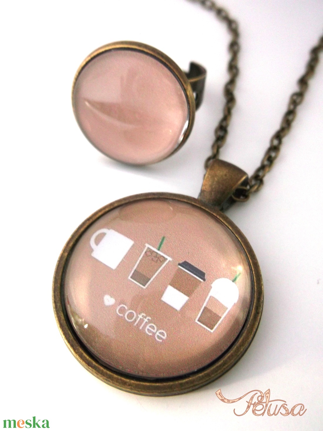 Kávé nyaklánc gyűrű szett Kávés Coffee - ékszer - nyaklánc - medálos nyaklánc - Meska.hu