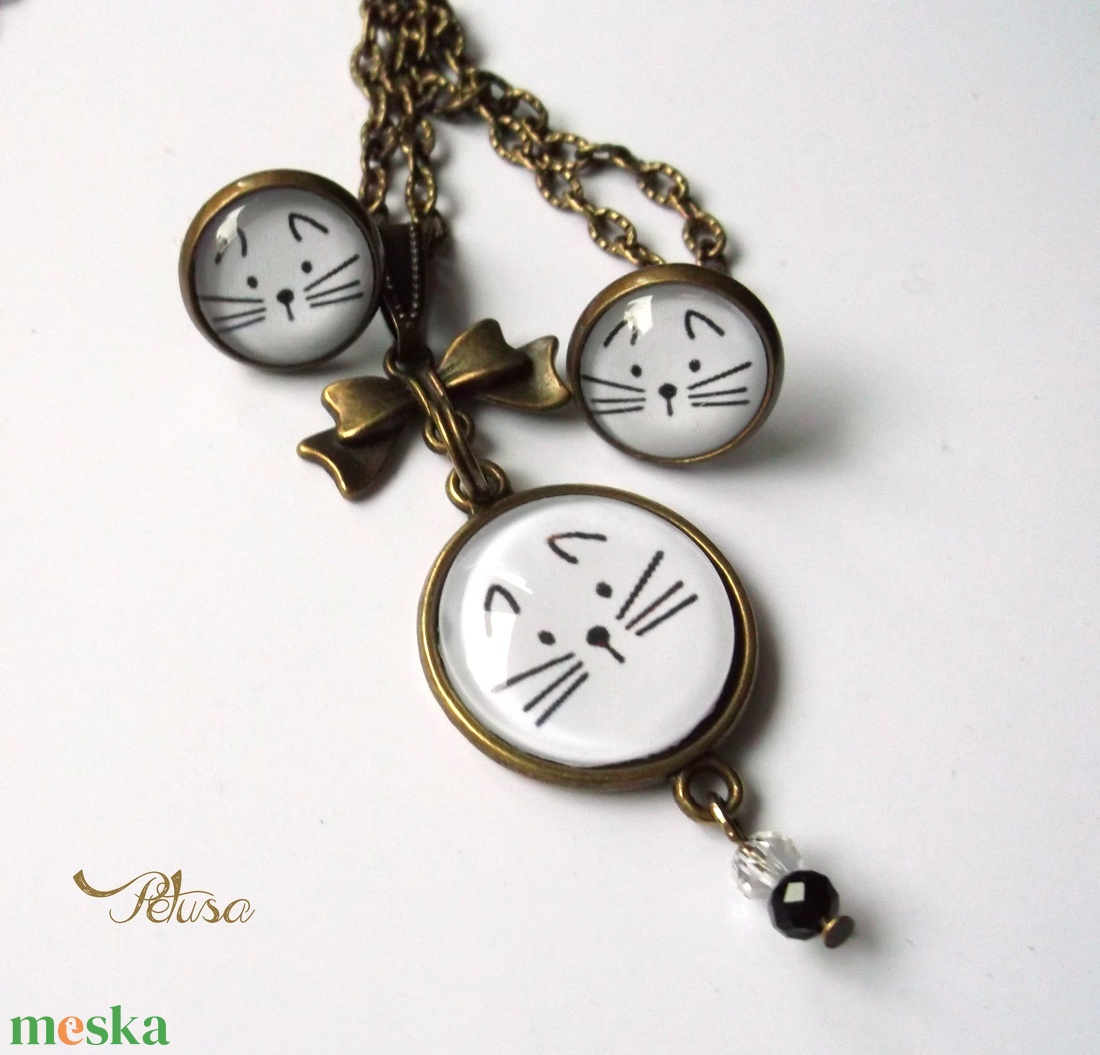 Macska Cica nyaklánc fülbevaló szett Macskás Cicás Fekete  - ékszer - ékszerszett - Meska.hu