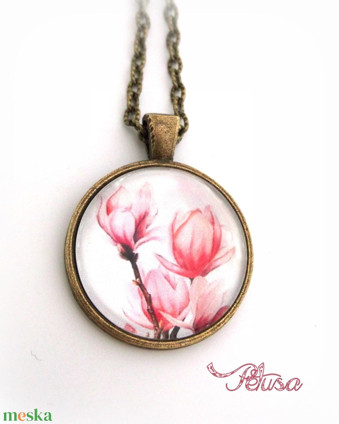 Magnólia Liliomfa nyaklánc gyűrű  tulipános üveglencsés rózsaszín - ékszer - ékszerszett - Meska.hu