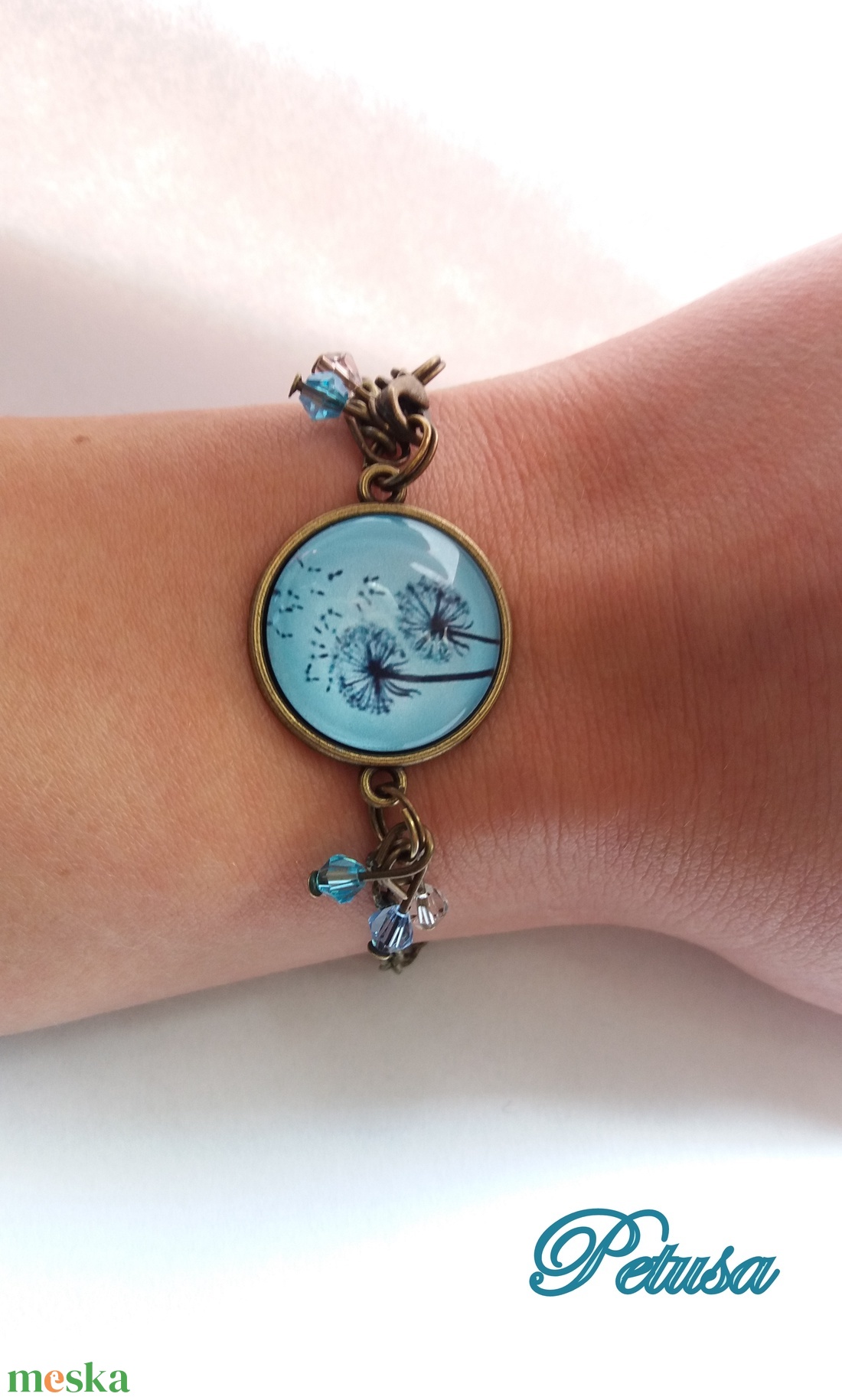  Pitypangos karkötő Pitypang virágos romantikus viláoskék Menta ékszer - ékszer - karkötő - karkötő medállal - Meska.hu