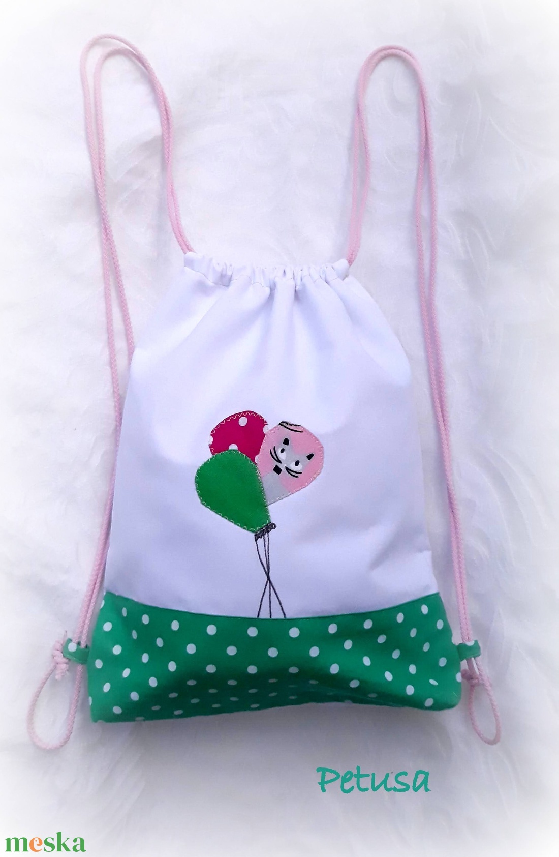 Léggömb, lufi,  cicás hátizsák , hátitáska tornazsák pöttyös, türkiz - táska & tok - hátizsák - tornazsák, gymbag - Meska.hu