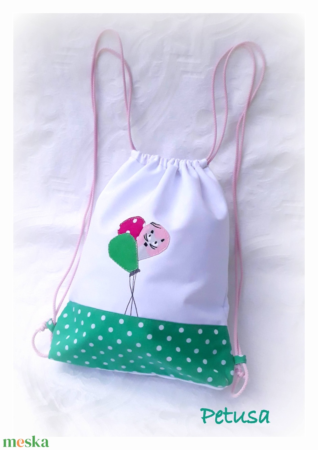 Léggömb, lufi,  cicás hátizsák , hátitáska tornazsák pöttyös, türkiz - táska & tok - hátizsák - tornazsák, gymbag - Meska.hu