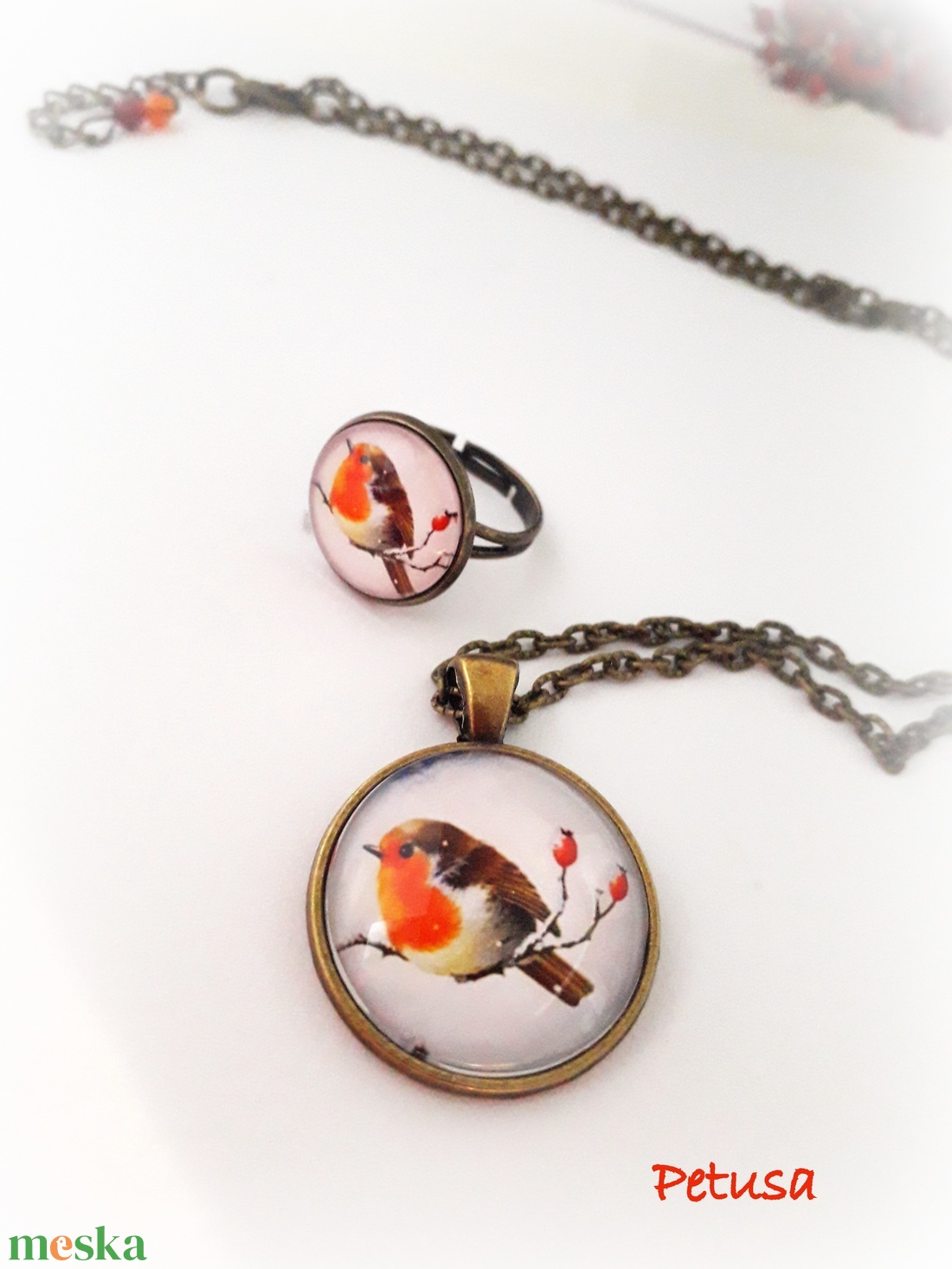 Vörösbegy madaras nyaklánc gyűrű szett - ékszer - ékszerszett - Meska.hu