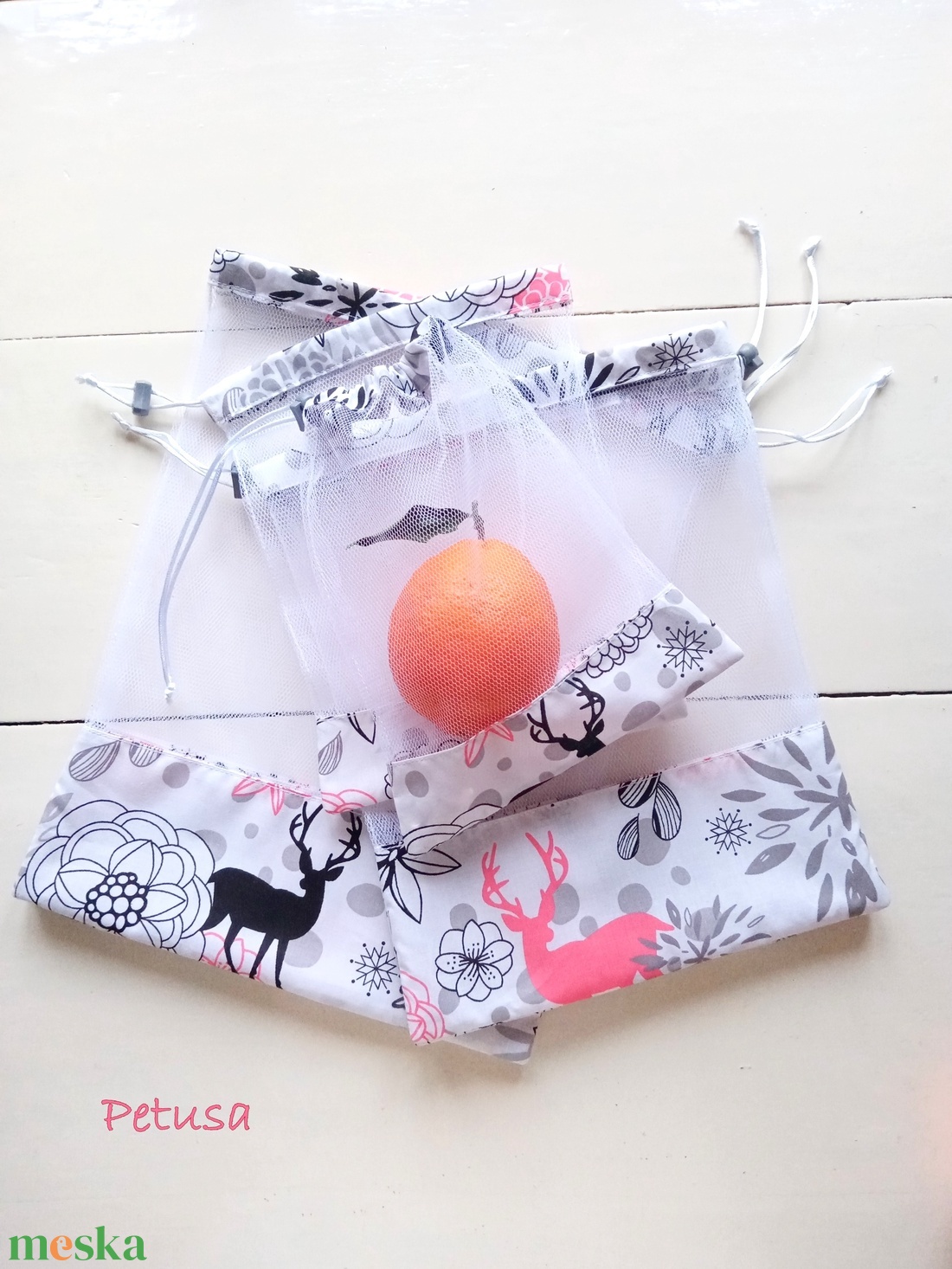 Tüll bevásárló zsák ÖKO zacskó 6 db skandináv stílusú szarvas mintával - táska & tok - bevásárlás & shopper táska - zöldség/gyümölcs zsák - Meska.hu