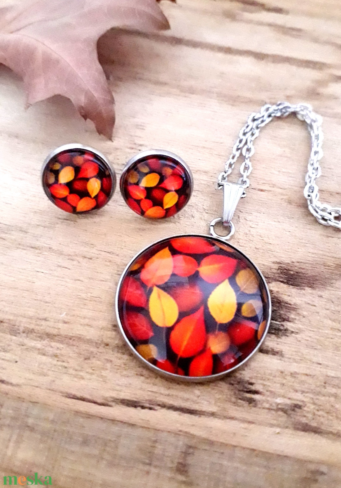 Őszi avar nemesacél nyaklánc fülbevaló, bordó narancs   antiallergén - ékszer - ékszerszett - Meska.hu