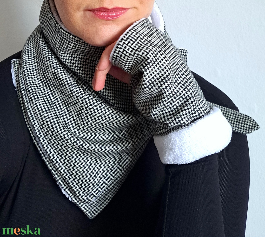 Sál kesztyű szett tyúklábmintás meleg Körsál Nyakmelegítő fekete fehér - ruha & divat - sál, sapka, kendő - sál - Meska.hu