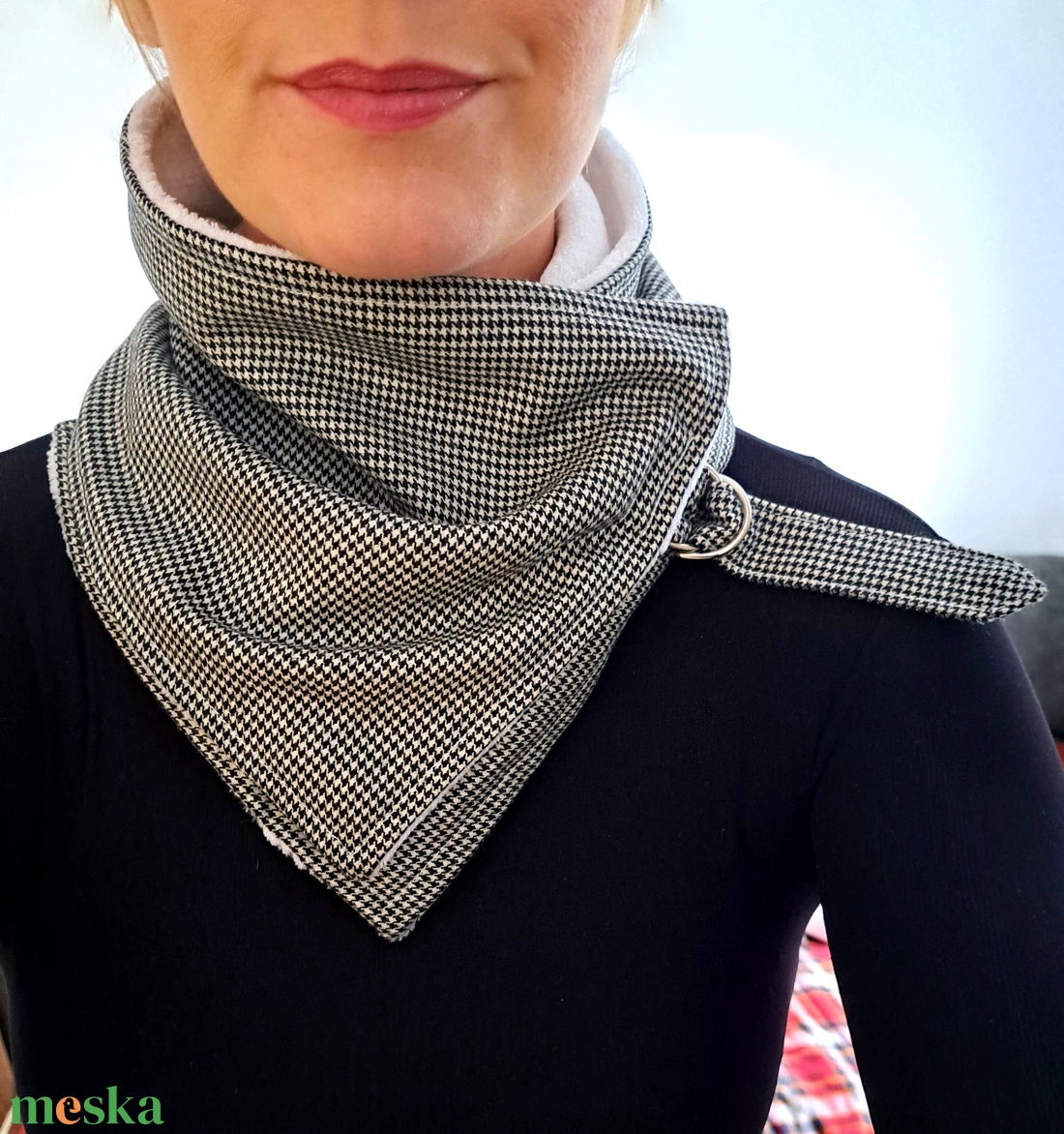 Sál kesztyű szett tyúklábmintás meleg Körsál Nyakmelegítő fekete fehér - ruha & divat - sál, sapka, kendő - sál - Meska.hu