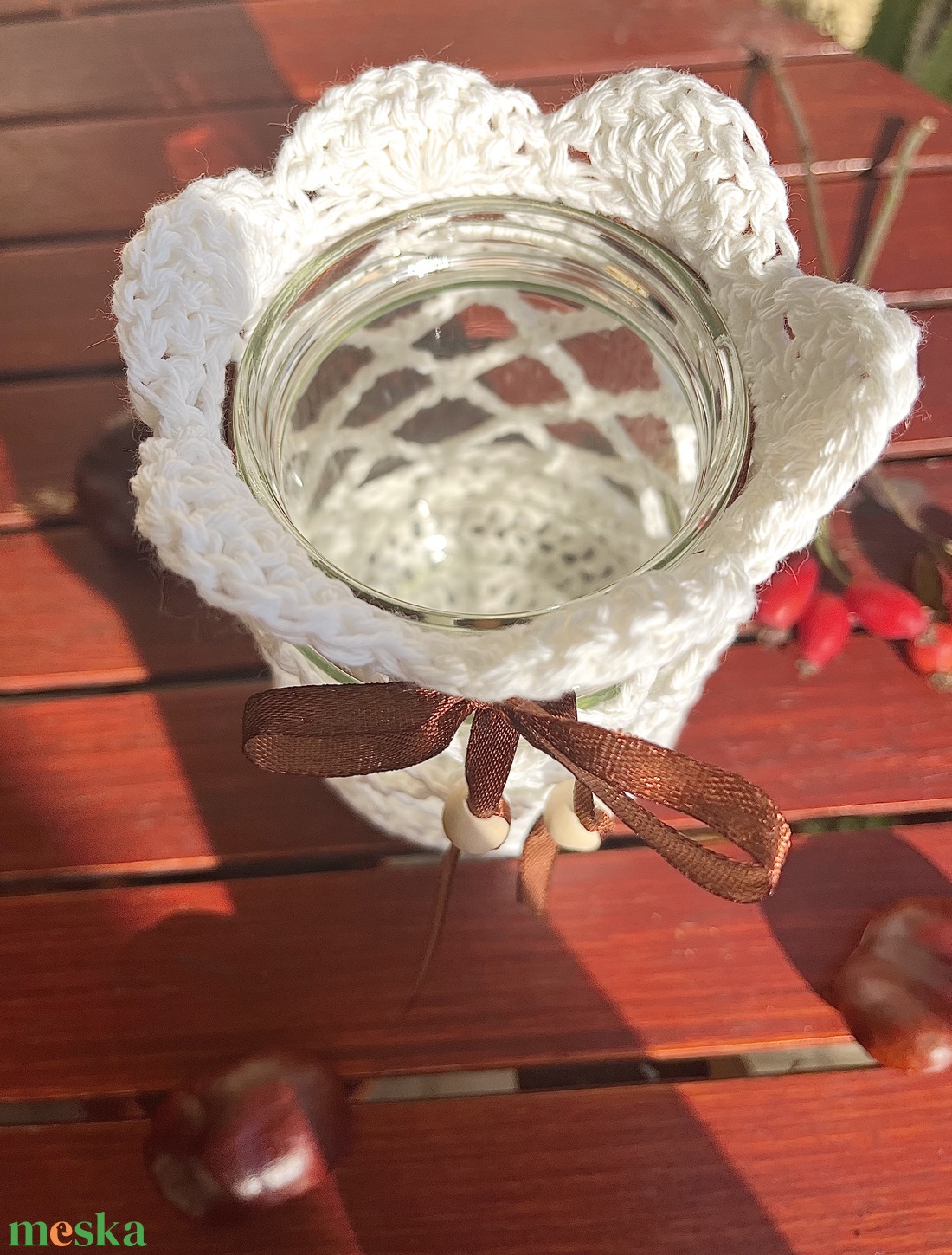 Őszi hangulatú horgolt mécsestartó és váza (11 cm) � Újrahasznosított üvegből - otthon & életmód - dekoráció - asztal és polc dekoráció - díszüveg - Meska.hu