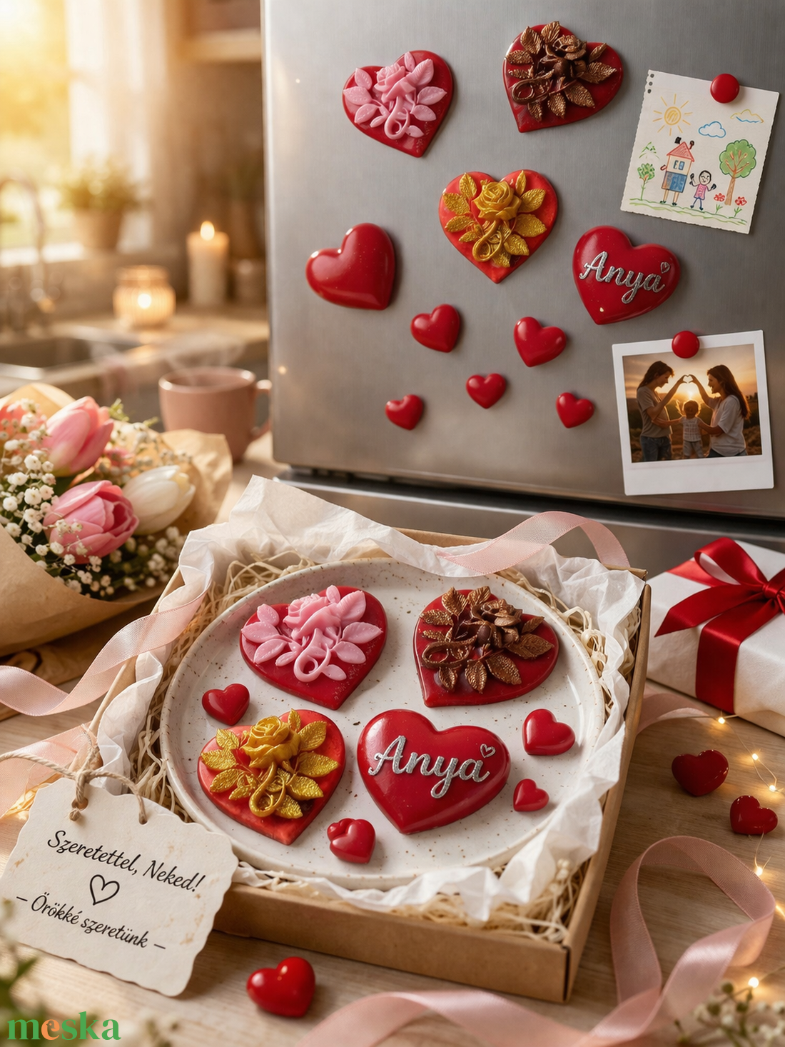 Piros szív alakú hűtőmágnes rózsával - otthon & életmód - konyhafelszerelés, tálalás - konyhai dekoráció - hűtőmágnes - Meska.hu