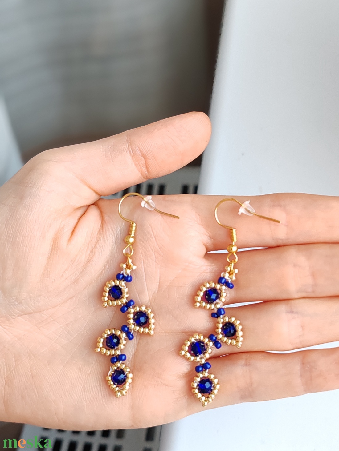 Kék-arany Fülbevaló - ékszer - karkötő - gyöngyös karkötő - Meska.hu