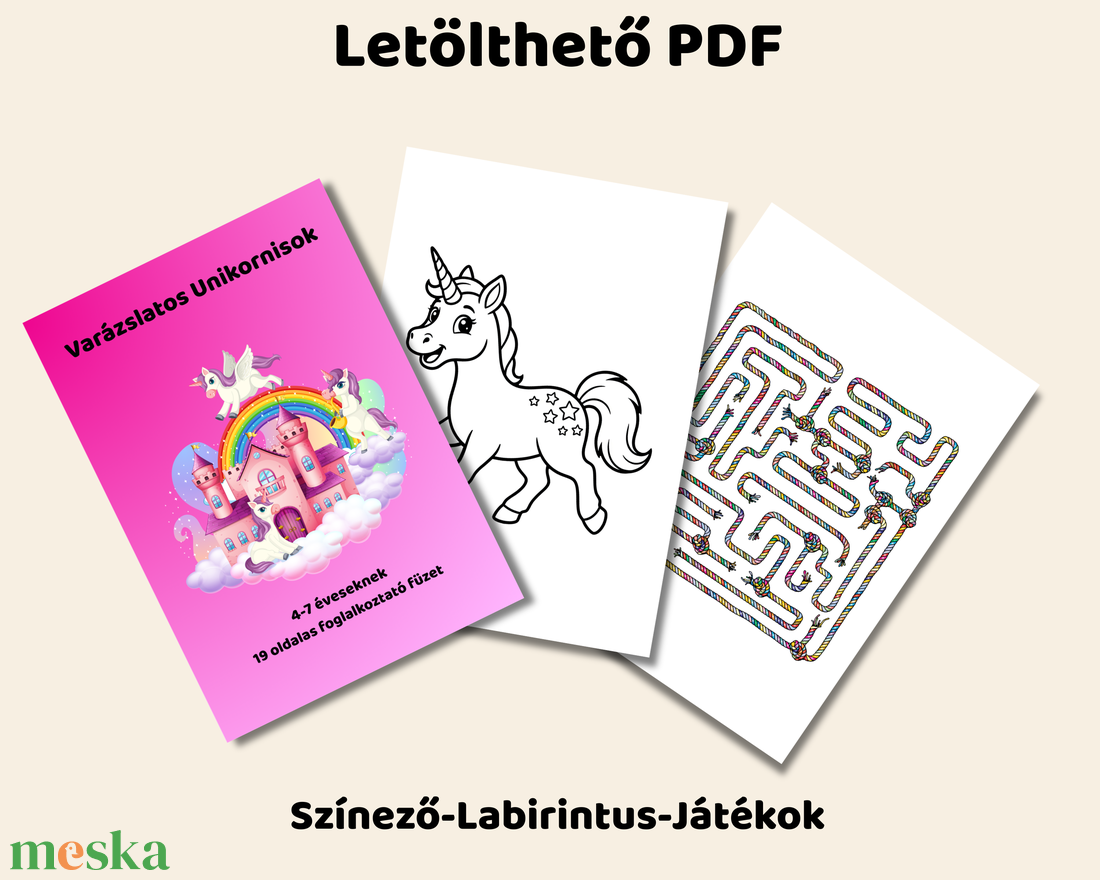 Unikornisos foglalkoztató füzet gyerekeknek � 19 oldalas letölthető PDF - játék & sport - készségfejlesztő és logikai játék - oktató játékok - Meska.hu