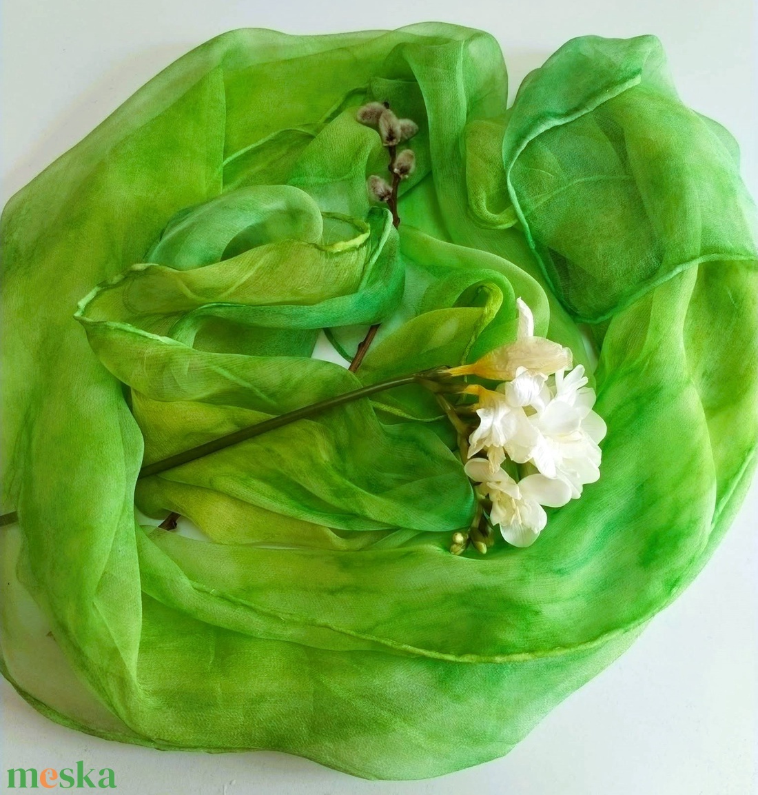 Chiffon sál, zöld árnyalatokkal, batik technikával - ruha & divat - sál, sapka, kendő - stóla - Meska.hu