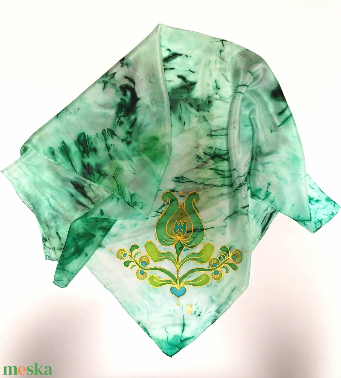 Palóc szűrminta ihlette, de színeiben újragondolt, kézzel festett hernyóselyem kendő - ruha & divat - sál, sapka, kendő - vállkendő - Meska.hu